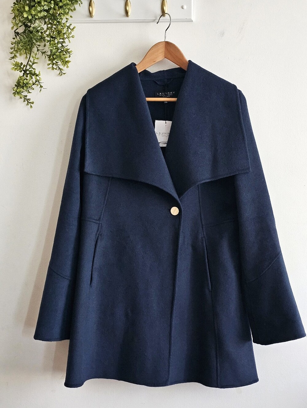 Laundry by Shelli Segal Navy Wool Blend Fit Flare Coat Gold Button Size Medium